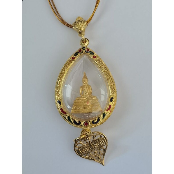 หลวงพ่อโสธรแขวนหน้ารถ งานหล่อทองเหลือง กรอบชุบทอง24k  ลงยาสี รุ่นหลังโบสถ์ปี 2550 พร้อมกล่อง ของแท้จากวัด