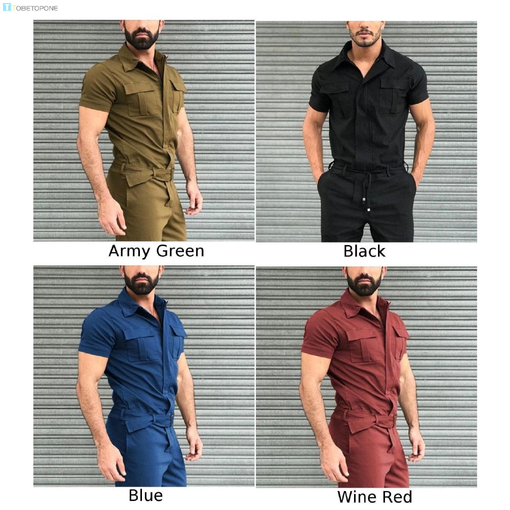 Jumpsuit Casual Short sleeve Rompers Zipper Workwear Pockets Belt Plus ...