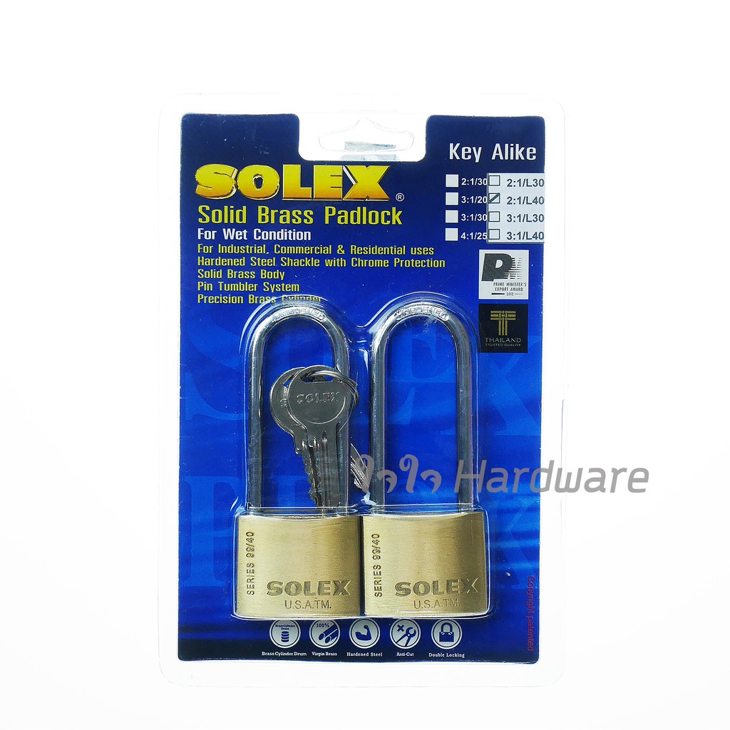 กุญแจ Solex รุ่นสปริง คอยาว ขนาด 40 มม. แพ็คคู่ 2 ชิ้น กุญแจสปริง รุ่น 2:1/L40 ทองเหลืองแท้ โซเล็กซ์ B53-01