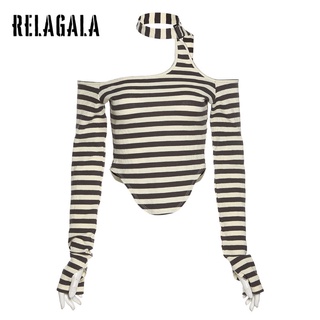 Relagala เสื้อยืด แขนยาว เปิดไหล่ เปิดหลัง ลายทาง เซ็กซี่ แฟชั่นสําหรับผู้หญิง