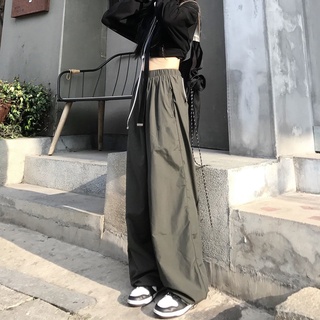 กางเกงขากว้าง เอวสูง ทรงหลวม สีเขียวทหาร สําหรับผู้หญิง
