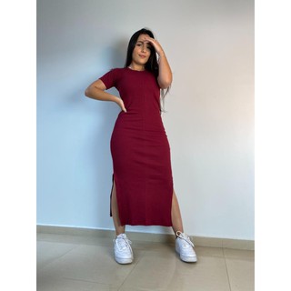 Vestido Midi Canelado Manguinha Com Fendas Super Promoção