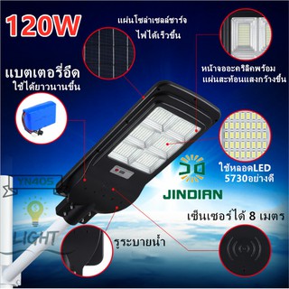 ไฟโซล่าเซลล์JD Solar Light LED 80W 120Wแสงสีขาว/โคมไฟถนนสว่างถึงเช้าโคมไฟสปอร์ตไลท์