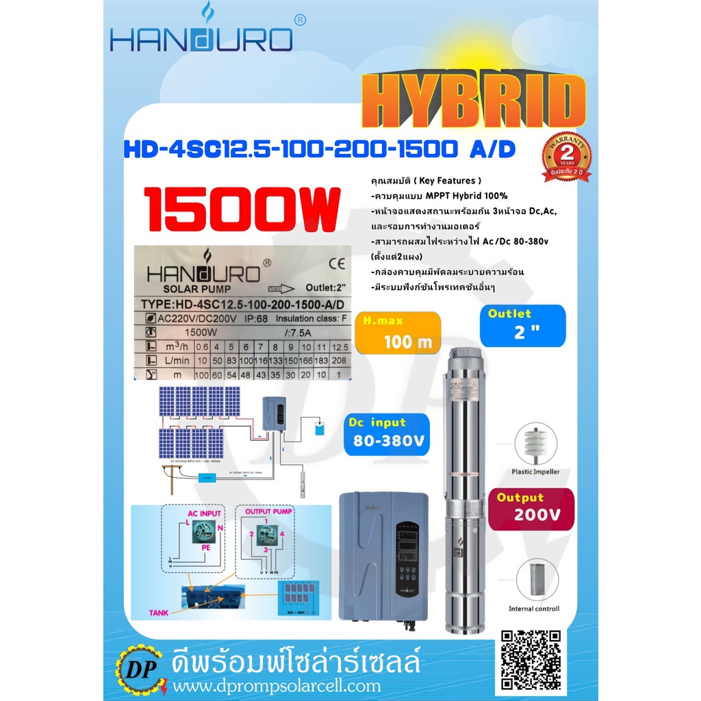 ปั๊มน้ำโซล่าเซลล์ HANDURO AD/DC Hybrid ขนาด 1500W [ HD-4SC12-100-200-1500 ] ท่อออก 2 นิ้ว ปริมาณน้ำสูงสุด 12.5 คิว