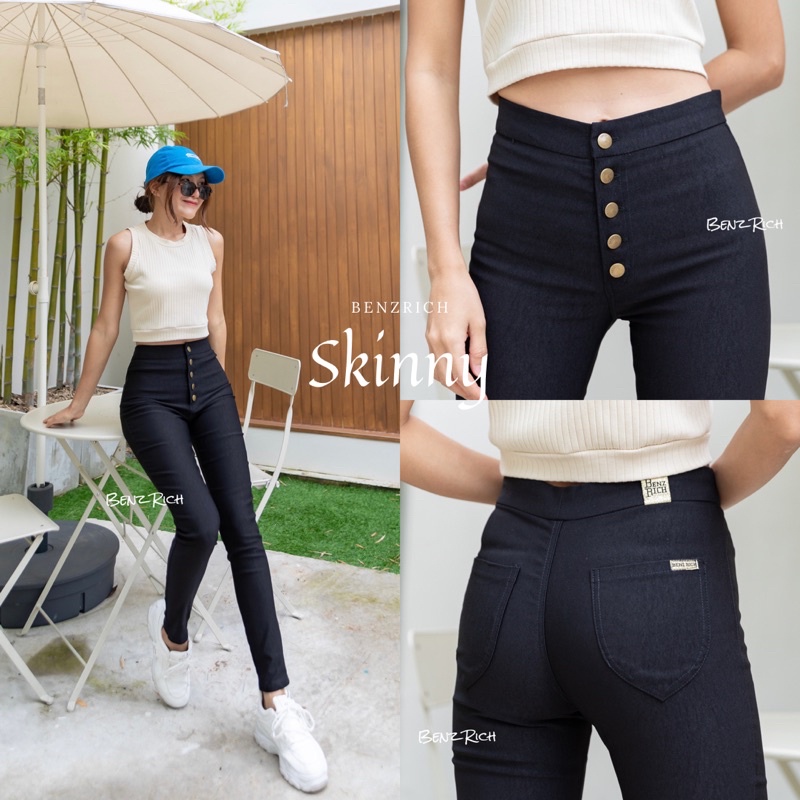 [ ลด15% โค้ด8BENZR ] สกินนี่ป้ายทอง สักหลาดกระดุม5เม็ด (S-4XL) ขายาวเดฟกระดุมใช้งานได้จริง กางเกงแฟช