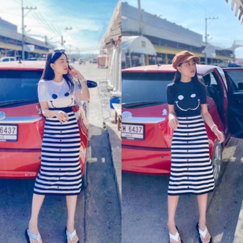 Spinnyhouse งานเซ็ท2ชิ้น เนื้อผ้าไหมพรมนิ่มมาก งานตามหา กระโปรงลายริ้ว+เสื้อยิ้ม รุ่น เซตริ้ว ยิ้ม I602E