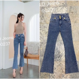 G.D.Jeans รุ่น 90237#กางเกงยีนส์แฟชั่นขายาวผ้ายืดสียีนส์เอวสูงขาม้าติดกระดุมทองพร้อมแต่งเอวขุย