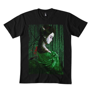 เสื้อยืดผ้าฝ้ายเสื้อยืด คอวี พิมพ์ลายคลื่น C-Yberpunk Geisha Matrix Code Glitch สีดํา สไตล์ญี่ปุ่น คลาสสิกL XL  XXL 3XL