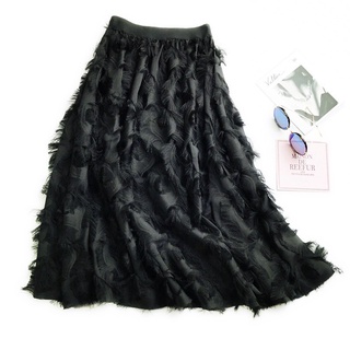 Chiffon skirt with tassel feather and high waist skirt