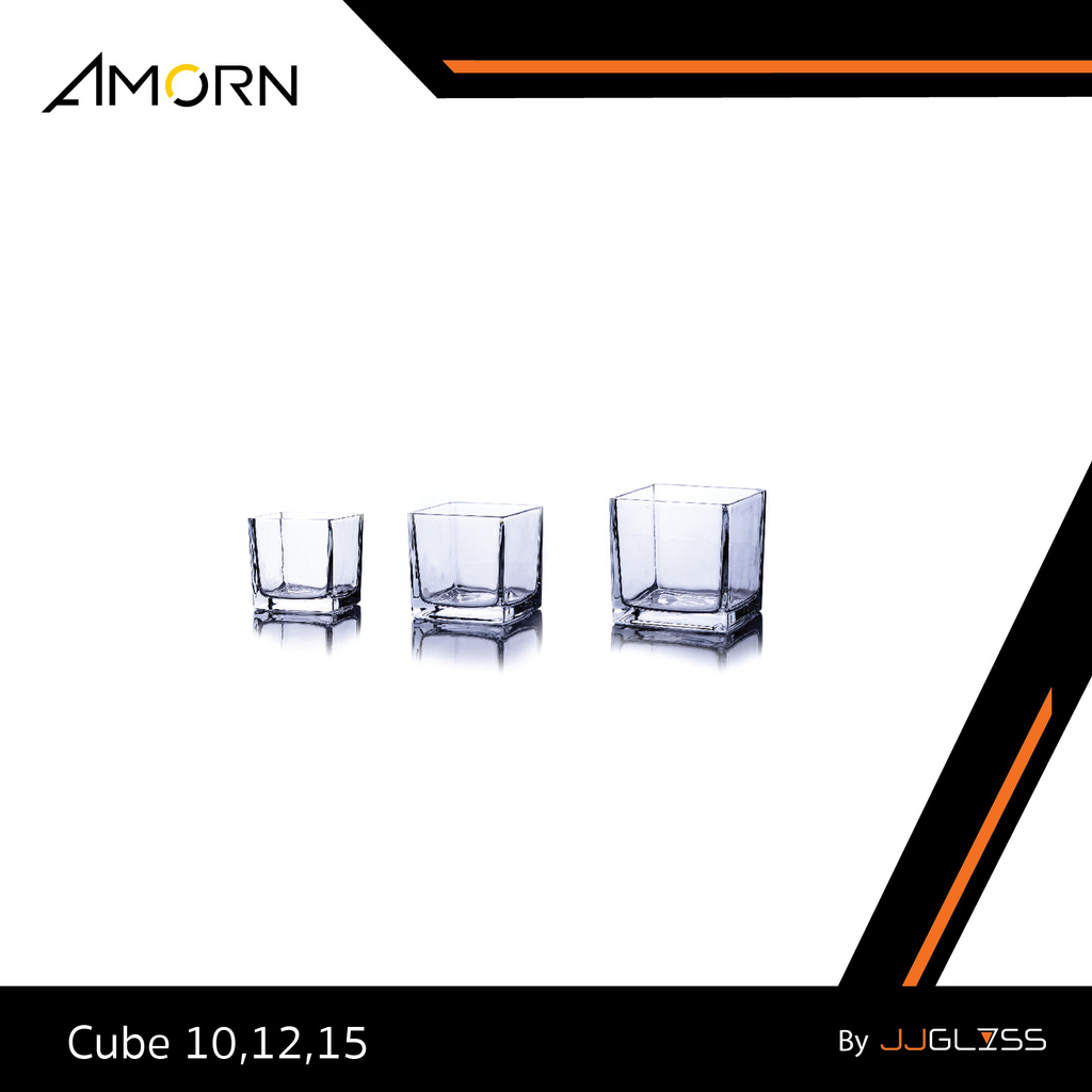 JJGLASS - (AMORN) CUBE . - แจกันแก้ว แฮนด์เมด ทรงเหลี่ยม เนื้อใส