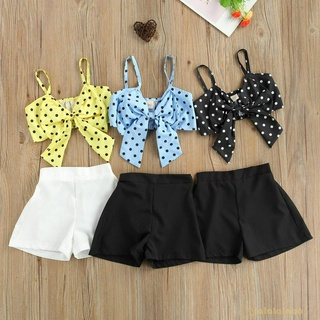 LAA6-Summer Baby Girls Sleeveless Polka Dot Print V-Neck Bowknot Spaghetti Strap Crop Top + Solid Color Shorts