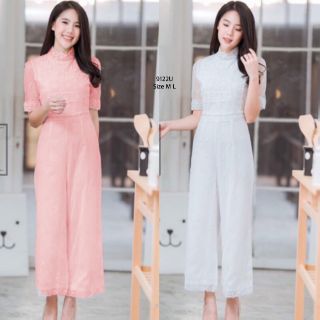 &lt;TW9122&gt;Jumpsuit จั้มสูทแขนสั้น ป้าย borichta ขายาว ผ้าตาข่ายปักลายดอกไม้ ช่วงปกตัดเย็บลูกไม้ลงไปเพิ่มทงานหรู