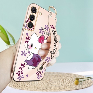 เคสโทรศัพท์มือถือแบบนิ่ม TPU ลายการ์ตูนคิตตี้ พร้อมสายคล้องข้อมือ หรูหรา สําหรับ Samsung Galaxy 22 Plus S22 Ultra S21 Plus S21 Ultra S21 FE 5G