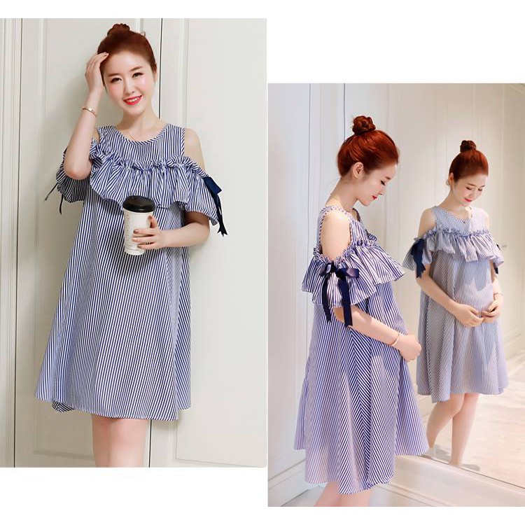 ชุดคลุมท้องสไตล์เกาหลี ลายริ้ว สีฟ้าขาว AB2071