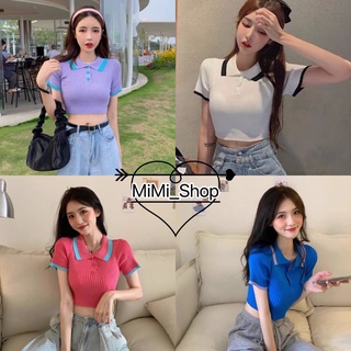 Mimi_shop（5935）💕พร้อมส่ง💕เสื้อไหมพรม เสื้อครอปแฟชั่น เสื้อผู้หญิง เเขนสั้นคอปก ตัดขอบสี