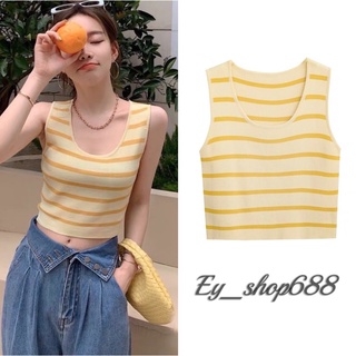 Ey_shop688#พร้อมส่ง✨467/AH.E#เสื้อกล้ามคอกลมแขนกุด#เสื้อผ้าไหมพรมลายทางเกาหลี💗