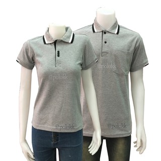 เสื้อโปโลสีเทาท๊อปขาว ปกขลิบขาวดำ เนื้อผ้านุ่ม จากโรงงานผลิตเสื้อโปโลโดยตรง ซึ่งมีทั้งแบบชาย และแบบหญิง
