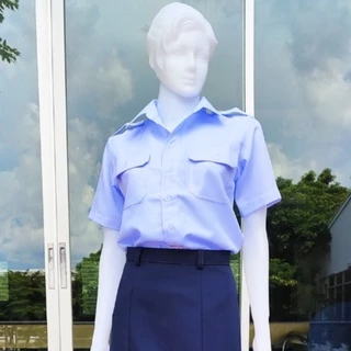 ชุดราชการ เสื้อและกระโปรงสีกรม ทอ. พนักงานข้าราชการหญิง เสื้อขาวโอโม่อมฟ้า แขนสั้น อินธนูไหล่