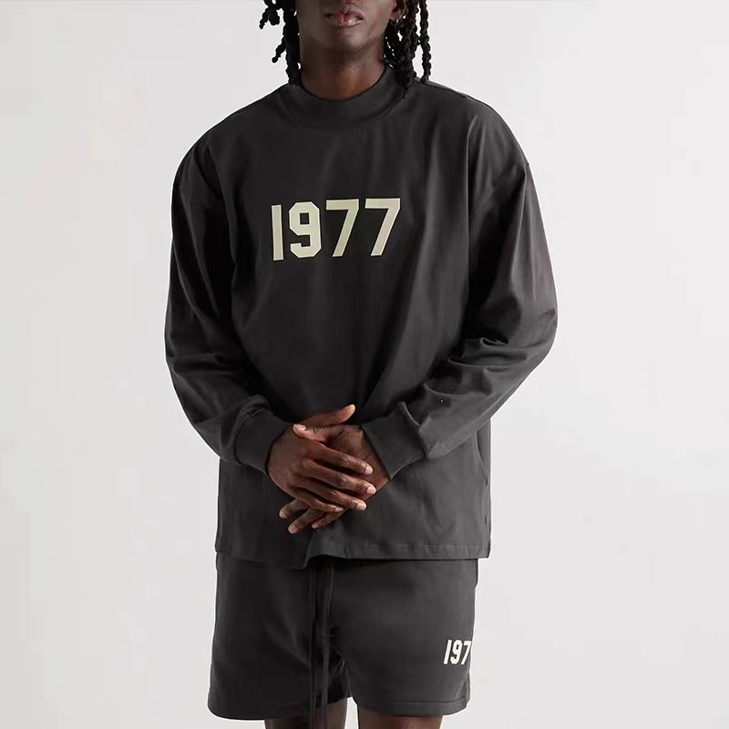 FOG FEAR OF GOD ESSENTIALS แบบ double-line ฤดูกาลที่แปด double-line high street หลวมและสบาย ๆ 1977 เสื้อยืดคอกลมแขนยาว flocking