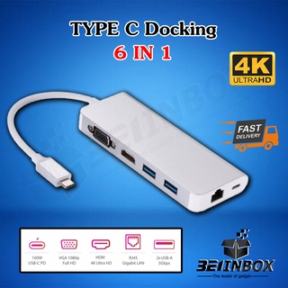 6IN1 Docking TYPE C to HDTV+VGA+USB3.0*2+PD+ RJ45 Gigabit LAN พร้อมส่ง จากไทย