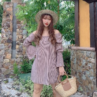 เดรสสั้นผ้าอัดพลีทแขนยาวเย็บพอง ผ้ารุ่นใหม่ สีใหม่ค่ะ