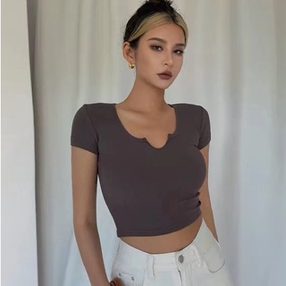[LIVIAHOME]V-Neck Short Sleeve Ribbed Crop Top 7281