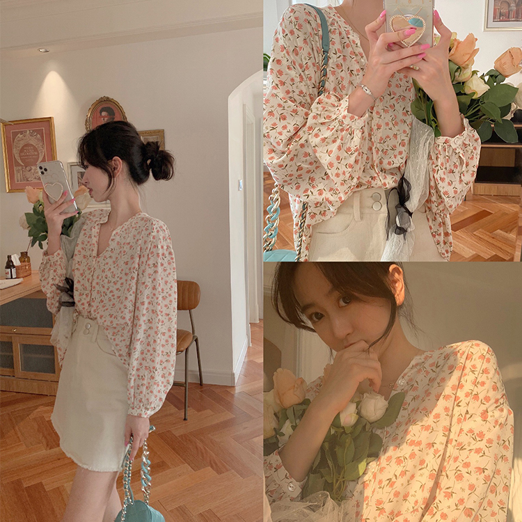 miss.th เสื้อเชิ้ต oversize คอจีน แฟชั่นเกาหลี เสื้อเชิ้ตแขนยาว ทรงหลวม สตล์วินเทจ เสื้อผู้หญิงลายดอก