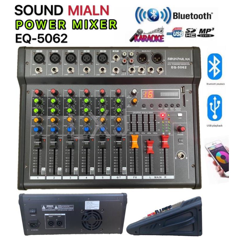 SOUND MIALN POWER MIXER รุ่น EQ-5062 เพาเวอร์มิกซ์ ขยายเสียง 700วัตต์ 6/7CH BLUETOOTH USB/SD CARD EFFECT  รุ่น EQ-5062