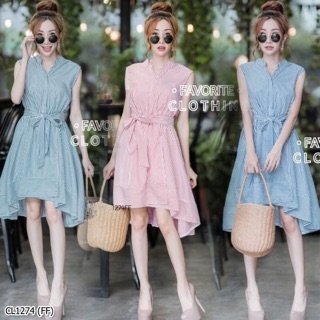 1274 Dress เดรสสั้นลายริ้ว คอจีน แขนกุด