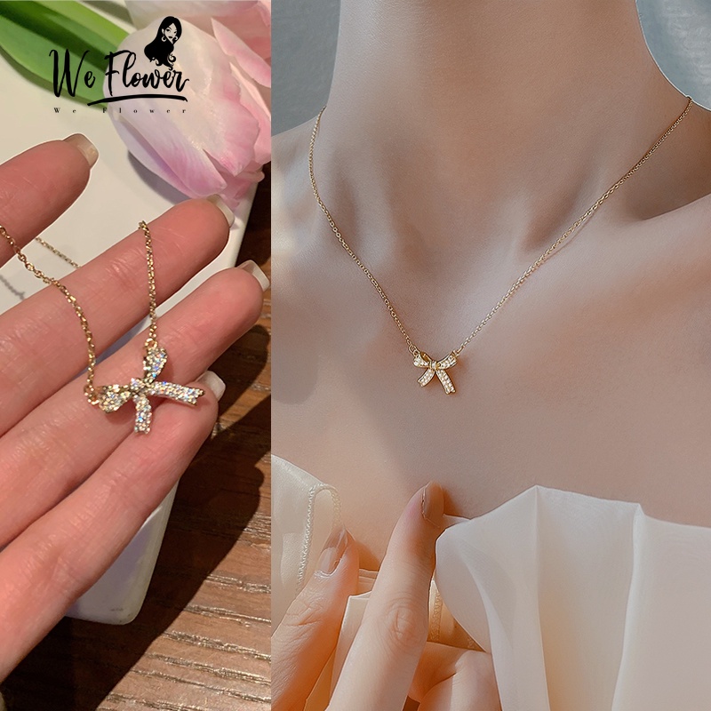We Flower สร้อยคอโซ่ทอง 14K ประดับโบว์คริสตัล แวววาว สไตล์วินเทจ สําหรับผู้หญิง