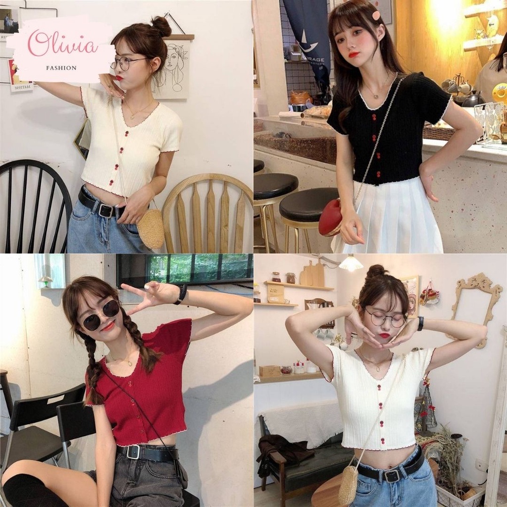 Olivia เสื้อไหมพรม ครอปแขนสั้น คอวี เเต่งกระดุมหน้า มีหวานๆ พร้อมส่ง 7สี #A111