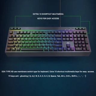 EGA TYPE K8 คีย์บอร์ดปุ่มยาง Rubber Dome ตกแต่งด้วยไฟ RGB ปรับไฟได้ 9 โหมด ของแท้ รับประกันสินค้า 2 ปี