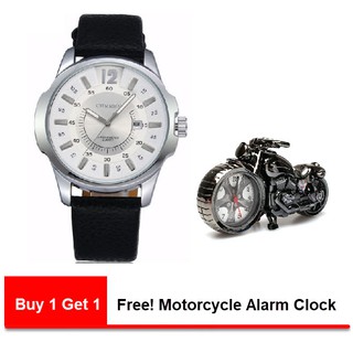 Curren นาฬิกาข้อมือผู้ชาย Geniue Leather รุ่น C8123 แถมฟรี นาฬิกาปลุก Motorcycle 1 เรือน