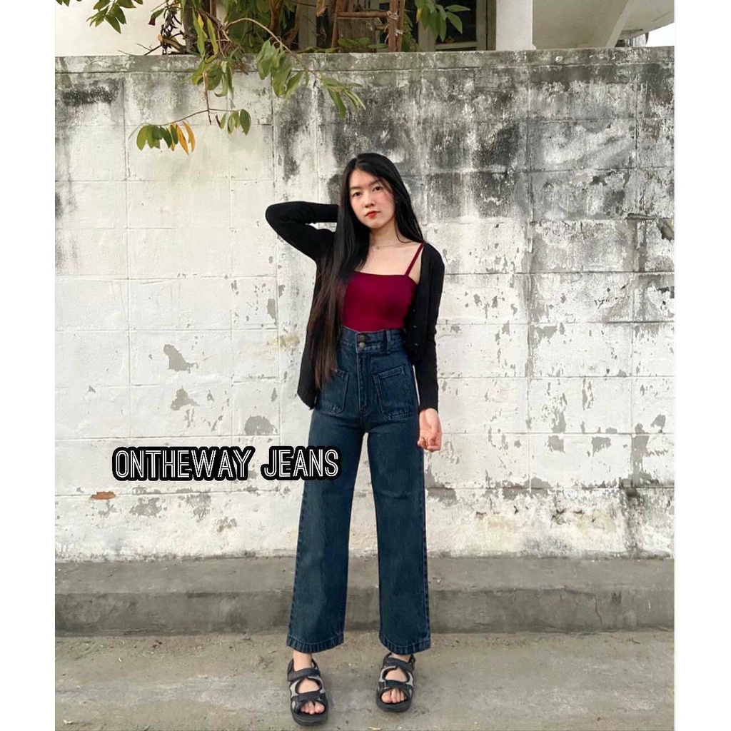 [Code:L9E6B ลด25.-] OnTheWay [พร้อมส่ง] กางเกงยีนส์ขาวยาววินเทจกระบอกกระดุม 2เม็ด