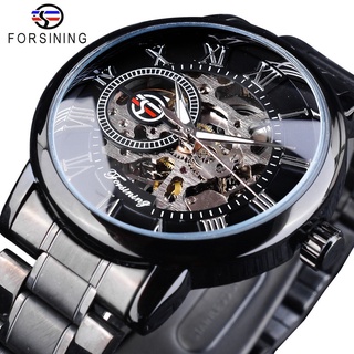 Forsining 3D Hollow Engraving Full Black Clock Luminous Hands Mens Mechanical Watches Top Brand Luxury Black Stainless