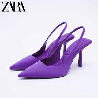 Zara ใหม่ รองเท้าส้นสูง ผ้าฟาบริค หัวแหลม สีม่วง แฟชั่นฤดูร้อน สําหรับผู้หญิง 2021