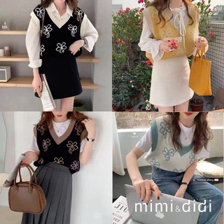 mimi&amp;didi *พร้อมส่ง*เสื้อกั๊กไหมพรม ผู้หญิง เสื้อกล้ามแขนกุด ตัดขอบสีสวย คอวี แฟชั่นสไตล์เกาหลีสุดๆ ลายใบโคลเวอร์ 13056