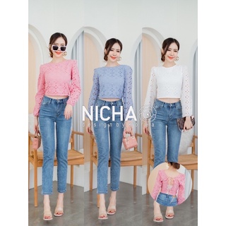 NICHA online 🛒👗เสื้อแขนยาว ผ้าลูกไม้ฉลุ แขนพอง สานหลัง สีพาสเทล น่ารักๆ🥰🎀🎀