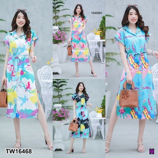 เดรสยาว ปกเชิ้ตแขนเบิ้ล ผ่าแหวกด้านข้าง 2 ข้าง TT16468 Long dress with double sleeves 2 side slits