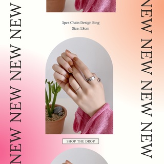 3pcs Chain Design Ring แหวนเซ็ตสีเงิน