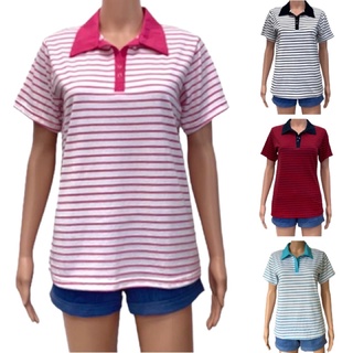 เสื้อโปโลผู้หญิงแขนสั้น 3 สี รอบอกเสื้อ 38 นิ้ว ลายริ้วทอ ผ้าคอตตอน Striped Polo Shirt