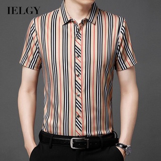 Ielgy เสื้อเชิ้ตลําลอง คอปก แขนห้าส่วน ลายทาง แฟชั่นสําหรับผู้ชาย