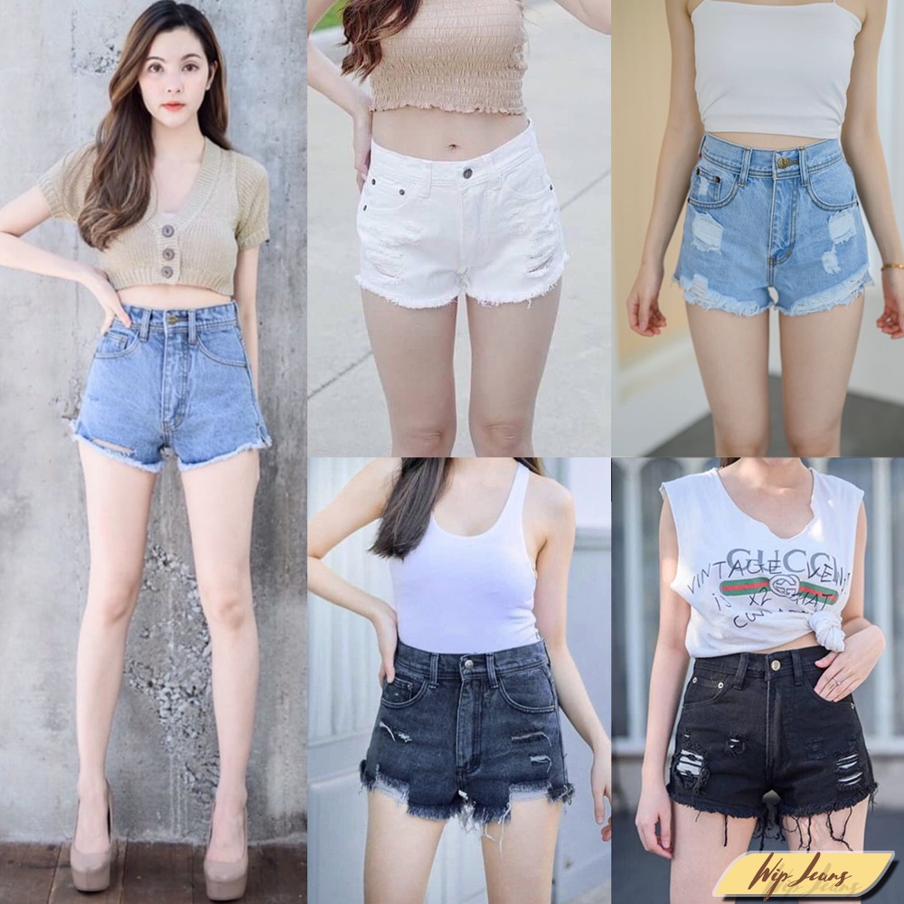 กางเกงยีนส์ขาสั้นเอวสูง ผู้หญิง แต่งขาด สวย แนวสตรีท เซ็กซี่ ใส่หน้าร้อน สบาย ชิลๆ
