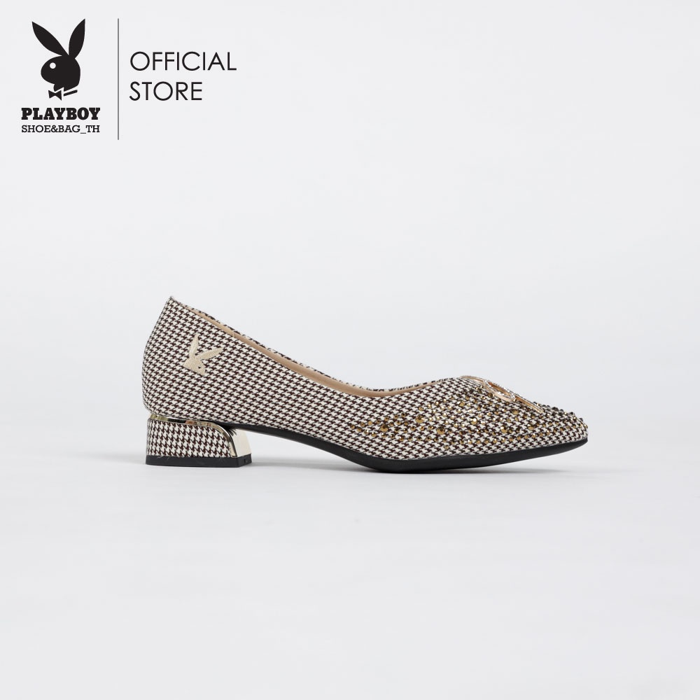Playboyรองเท้าคัชชูผู้หญิงลิขสิทธิ์แท้รุ่น ST-H222C1083ดีไซน์ทรงบัลเล่ต์หัวแหลมแต่งโบว์เพชรผ้าลายชิโนริมี2สี สีดำและครีม