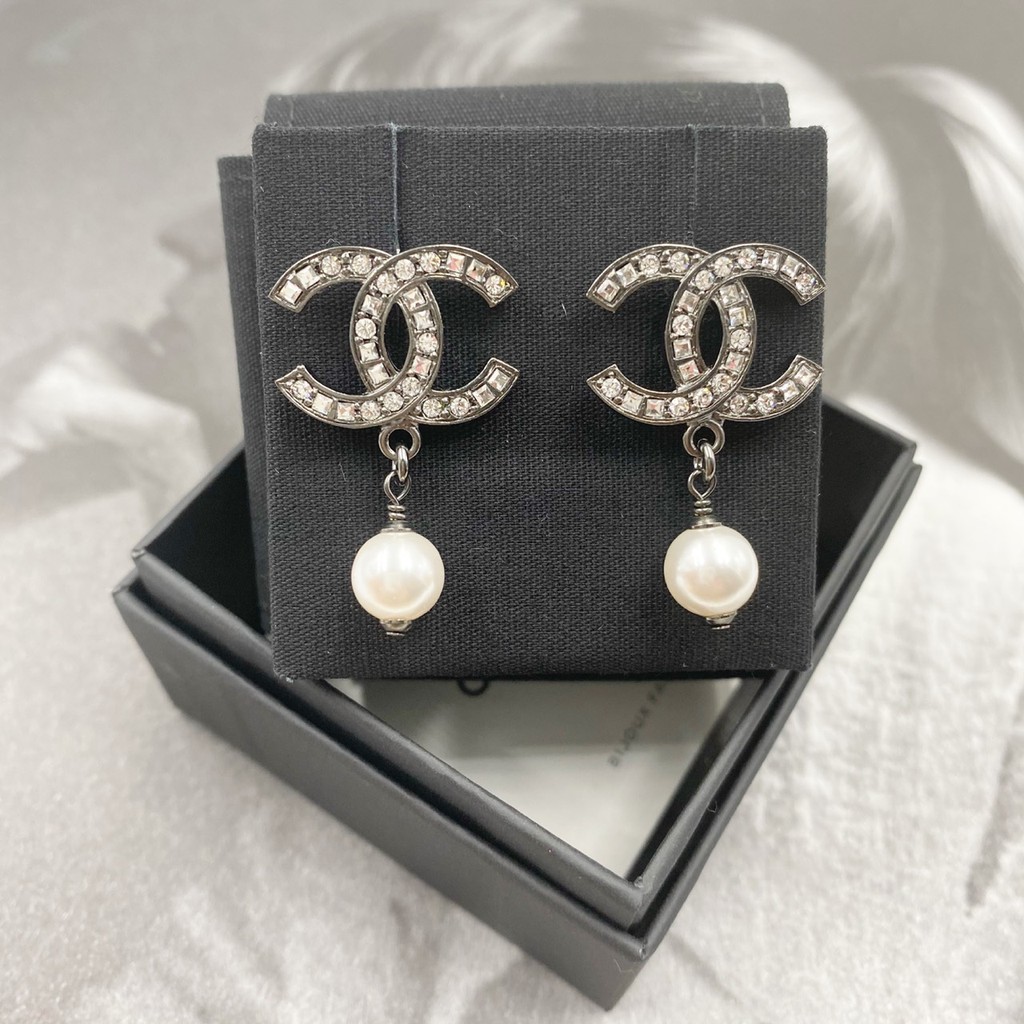 ผ่อน0 Authentic 100 ต่างหู Chanel earrings cc 1.9 cm รมดำมุก Shopee