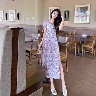 MAY1102 VINC DRESS  เดรสยาวคอวีลายดอกเดซี่โทนสีม่วง