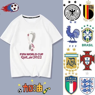 เสื้อยืดแขนสั้น พิมพ์ลายโลโก้ Qatar World Cup ขนาดใหญ่ สไตล์เยอรมนี ฝรั่งเศส บราซิล โปรตุเกส เบลเยี่ยม สําหรับผู้หญิง 20