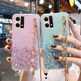 เคสโทรศัพท์มือถือแบบนิ่ม ใส แต่งกลิตเตอร์ เลื่อม พร้อมสายคล้องมือ สําหรับ OPPO Reno7 4G Reno7 4G