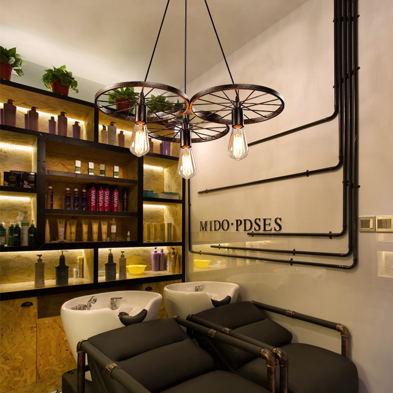 Vintage Creative e27 โคมระย้าล้อ Retro Loft ไฟหน้าห้องรับประทานอาหารห้องนอน Bar Club Pub Office Cafe ไฟโคมไฟจี้ 3 headed