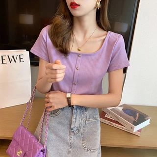 Korean version of the new lady retro French T-shirt square collar short sleeves